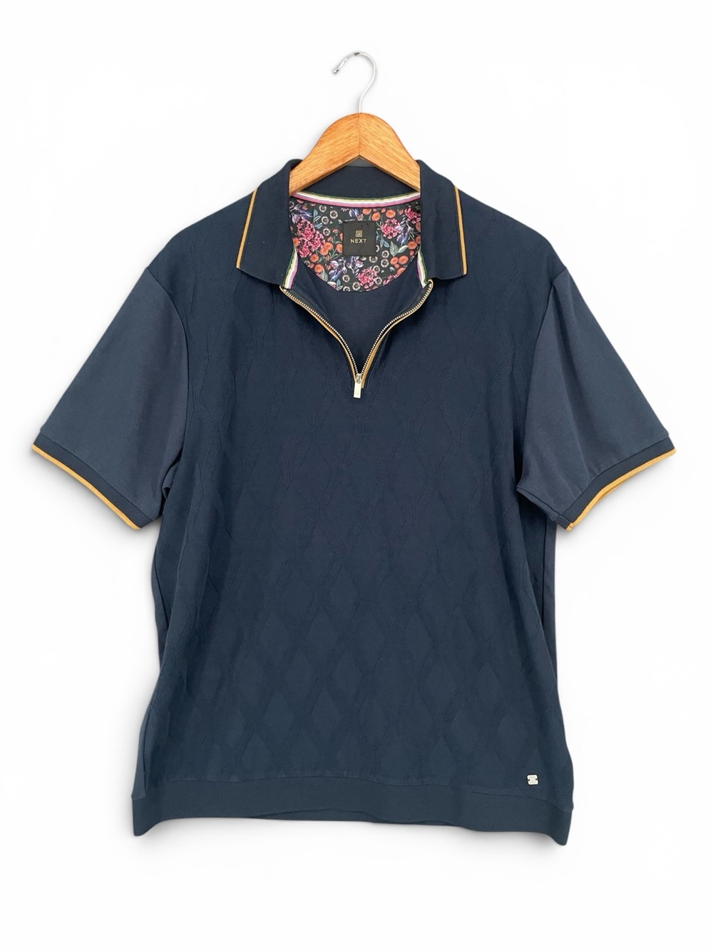 Next Navy Smart Jacquard Quarter‑Zip Polo Shirt Regular Fit Size Large